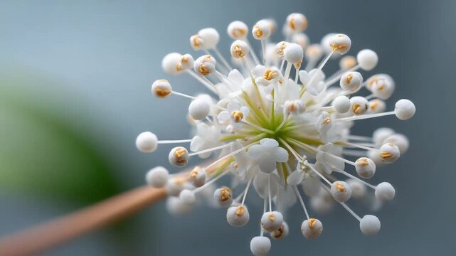 The Delicate Bloom: An intimate macro shot showcases the intricate beauty of a tiny, delicate flower in full bloom, revealing its fragile petals and intricate structure against a soft.