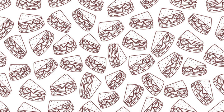 Sandwich sketch seamless pattern. Sandwich doodle pattern background. Seamless sandwich outline pattern background. Hand drawn vector seamless pattern of sandwiches.