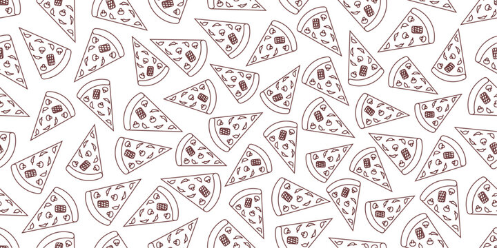 Pizza slice doodle seamless pattern. Pizza doodle pattern background. Seamless pizza outline pattern background. Hand drawn vector seamless pattern of pizza slice doodle.