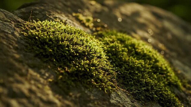 Close up of green moss growing on a rock, nature scene, natural light.