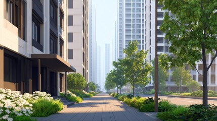 Obraz premium Sunlit city street with modern buildings, trees, and lush plants lining the sidewalk on a clear day