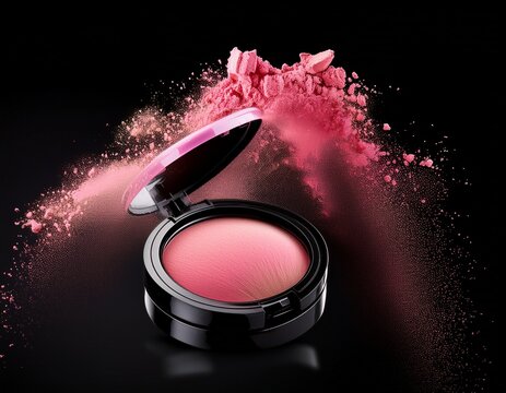 vibrant blush compact with pink powder exploding against black background