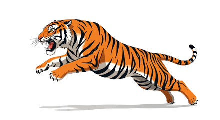 Obraz premium Dynamic and powerful tiger mid-leap, showcasing its vibrant orange and black stripes with a fierce expression, embodying agility, strength, and the wild spirit of a majestic predator in motion