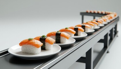 The sushi conveyor belt features plates of sushi, showcasing a variety of colorful sushi pieces. Each plate has distinct sushi types, with salmon sushi and nigiri prominently displayed.