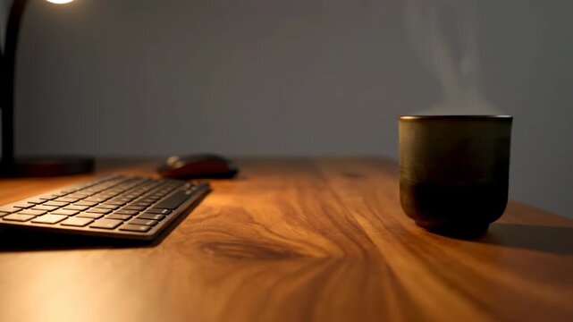 Desktop setup with keyboard, monitor, and mouse on wooden desk, technology concept, workspace.