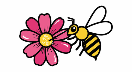Fototapeta premium Cartoon bee on pink flower.