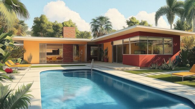 Sunlit mid-century modern single-story house with glass walls, flat roof and brick chimney beside a sparkling blue pool, palm trees and lounge chairs &mdash; serene and inviting