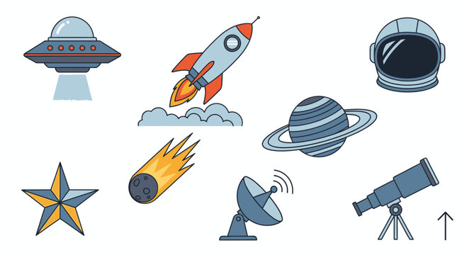 Space icons with rocket and telescope 18.