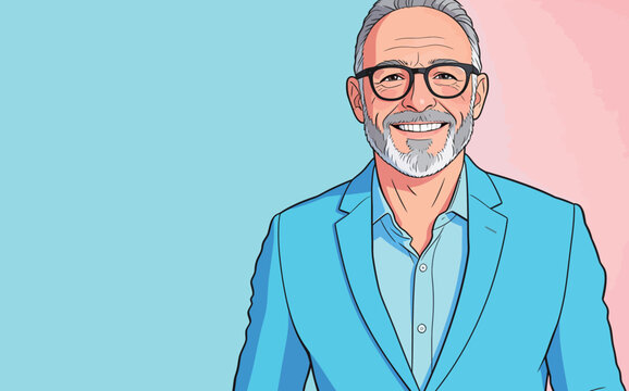 A man with a grey beard and glasses smiles while wearing a light blue suit jacket. He stands against a colorful background.