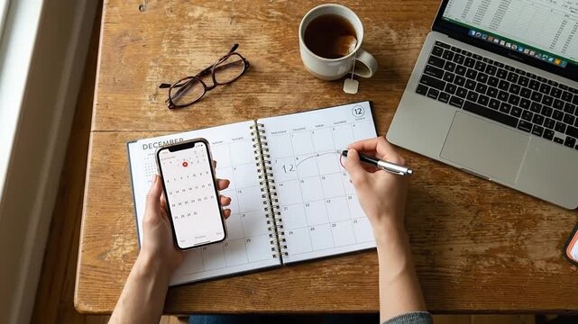 Top-down view of person organizing schedule with a smartphone, physical planner, laptop, and coffee on a wooden desk.