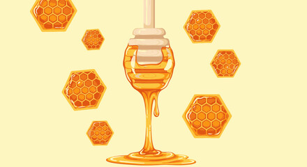 Honey pouring from dipper surrounded by honeycombs. © Ari