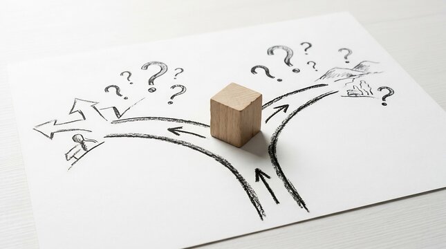 A small wooden block rests on a hand-drawn sketch illustrating a critical decision point with diverging paths and question marks overhead.
