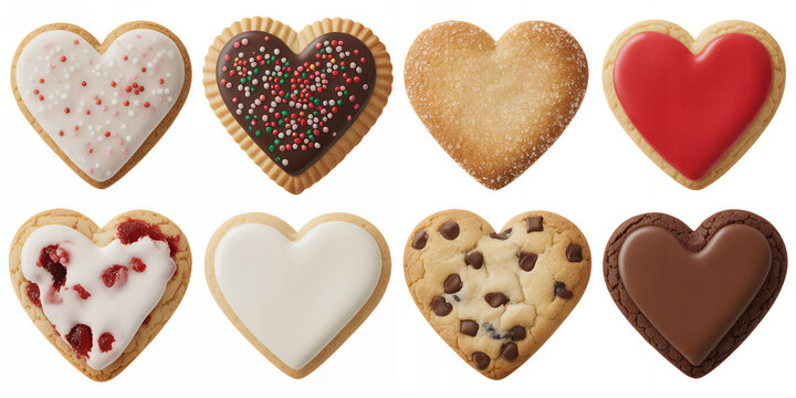 Heart shaped cookies with different toppings and decorations