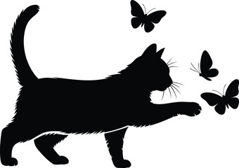Vector illustration of a black cat chasing colorful butterflies in a whimsical scene © Md Jafar