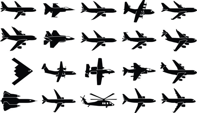 Collection of diverse black silhouettes of airplanes, jets, bombers, transport aircraft, and helicopters, perfect for aviation, military, design, and educational illustration projects
