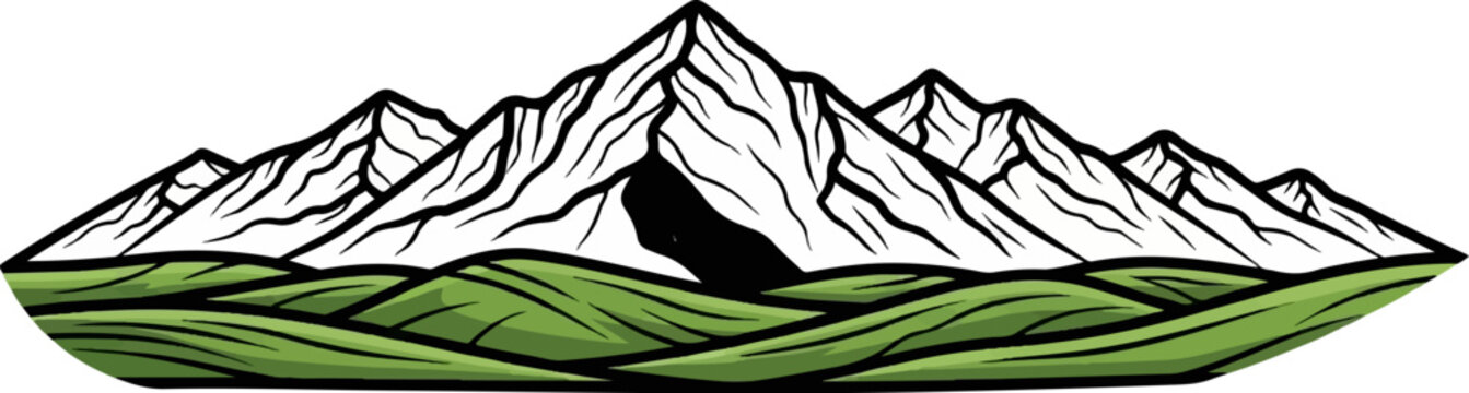 Stylized mountain range with rolling green hills in foreground