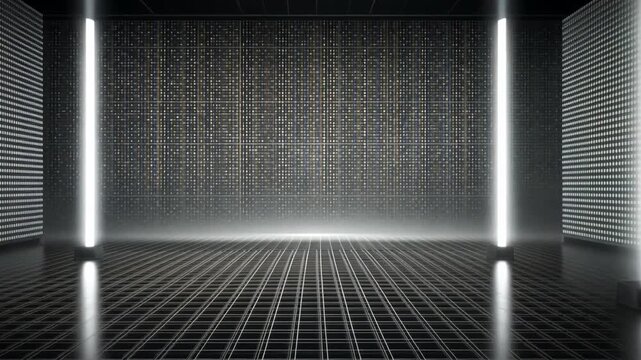 Futuristic Digital Space with Bright Vertical Lights and Grid Floor