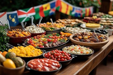 Obraz premium colorful outdoor buffet on wooden table with bowls of salads, cherry tomatoes, roasted potatoes, grilled meat, rice dishes and fresh fruit, festive abundant spread
