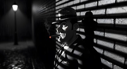 Noir-style man in suit smoking in dimly lit alley