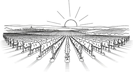 Fototapeta premium Sunrise over a vast vineyard with a distant village and rolling hills