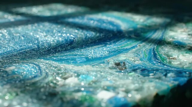 Macro shot of recycled plastic surface, blue and green abstract texture background, eco-friendly material close-up, sustainable industry concept.