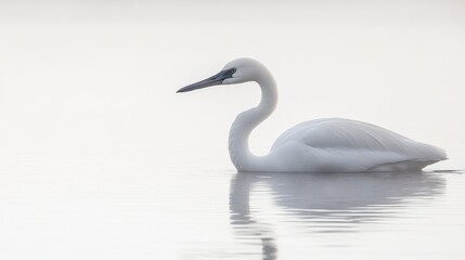 Obraz premium Elegant white bird glides smoothly on tranquil water, reflecting its serene silhouette in calm light
