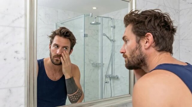 Man in bathroom mirror inspecting his face during morning routine. Bearded male checking reflection, self-care, and daily hygiene.