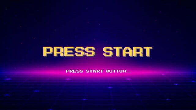 PRESS START. press start button. pixel art 8 bit. Retro Futurism Sci-Fi Background. glowing neon grid. and stars from vintage arcade computer games