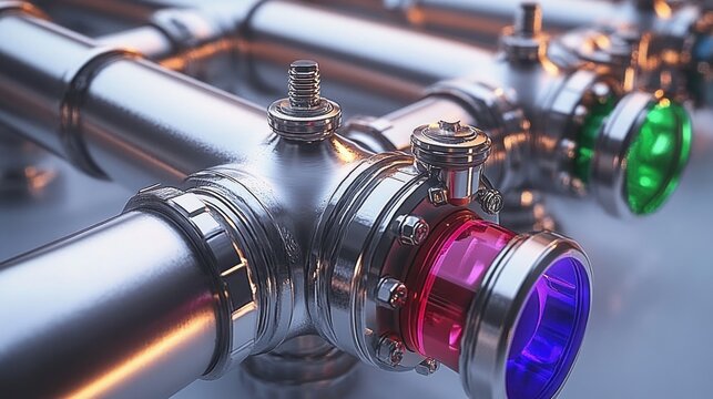sleek polished stainless steel pipe network with bolted t-junctions and illuminated colored inspection ports conveying precise high-tech industrial efficiency