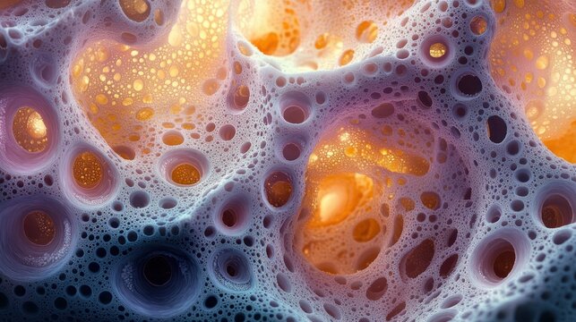 porous cellular network with glowing hollow cavities and sponge-like textured surfaces in warm orange and cool purple tones, evoking ethereal wonder