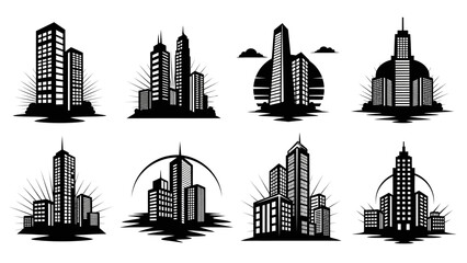 Obraz premium Set of eight modern city skyline silhouettes with radiating sunbursts, representing urban development and architecture