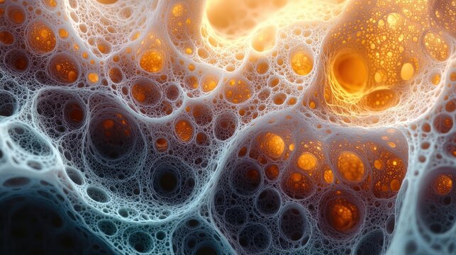 intricate blue-white lace network of porous bubbles with glowing amber cavities, surreal microscopic landscape evoking wonder and curiosity
