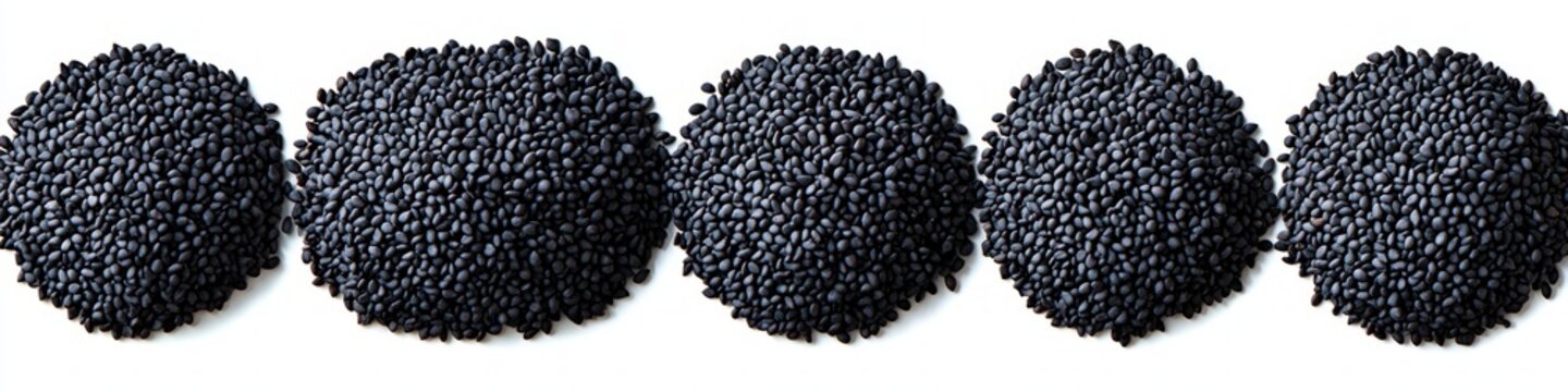 Five neat round piles of black sesame seeds on a clean white background, minimalist orderly arrangement conveying calm rhythmic repetition
