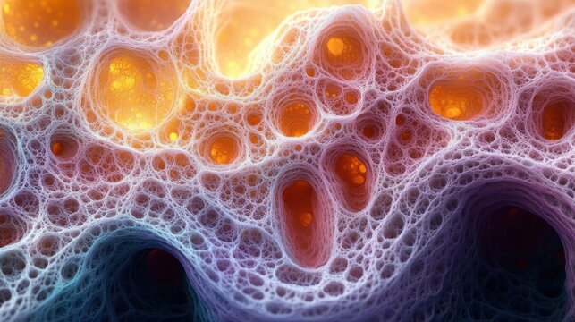 glowing porous organic network of web-like filaments and honeycomb cavities in warm orange and cool purple-blue tones, evoking wonder and serene mystery