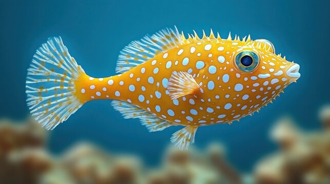 Vibrant orange spotted boxfish with translucent fins gliding serenely above blurred coral reef
