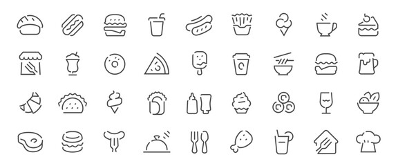 Food line icons set. Restaurant and fast food outline vector symbols collection