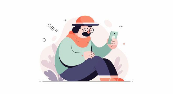 Illustrated person with mustache, glasses, hat, and phone sitting