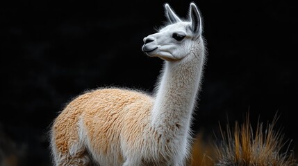 Fototapeta premium serene white and tan llama with fluffy fleece and proud, curious expression against a dark backdrop