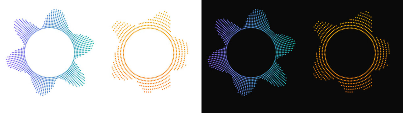 PNG image of&nbsp;Collection of vibrant circular audio equalizer graphic elements displaying pulsating waveform designs utilizing colorful dotted patterns on transparent background