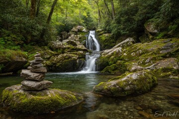 Fototapeta premium Serene Waterfall and Cairn in Lush Green Forest.