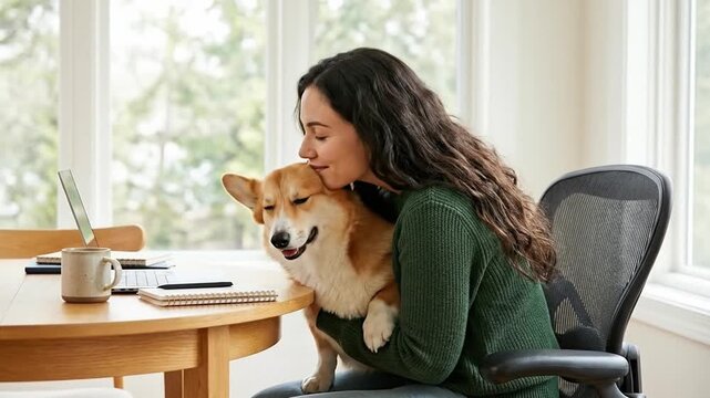 Smiling woman affectionately hugging her Corgi dog at home. Happy pet owner taking a break from work with her beloved canine.