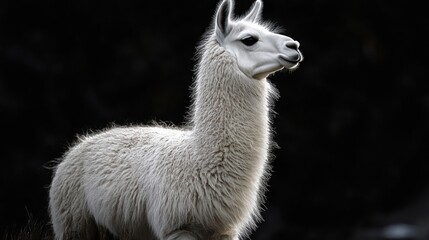 Fototapeta premium white llama standing in profile with thick fluffy fleece and calm proud expression against a dark high-contrast background