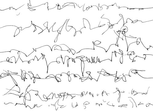 Hand-drawn monochrome line art of unreadable cursive-like non-existent characters arranged horizontally
