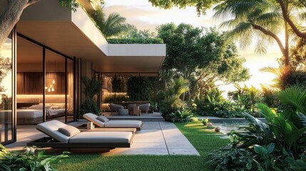 Fototapeta premium Tranquil modern glass house with poolside lounge chairs, concrete terrace, lush tropical garden and palm trees at sunset with warm interior glow and serene outdoor living