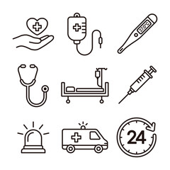 Fototapeta premium 24 Hours Emergency Medical Care and Equipment Line Icon Set