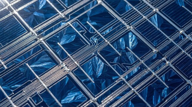 Closeup of a blue solar panel with a grid pattern and shiny surface reflecting light