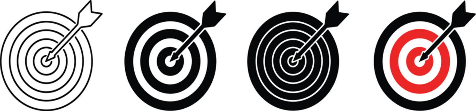 Target dartboard with arrow icon set, bullseye goal symbol, black red achievement design collection vector