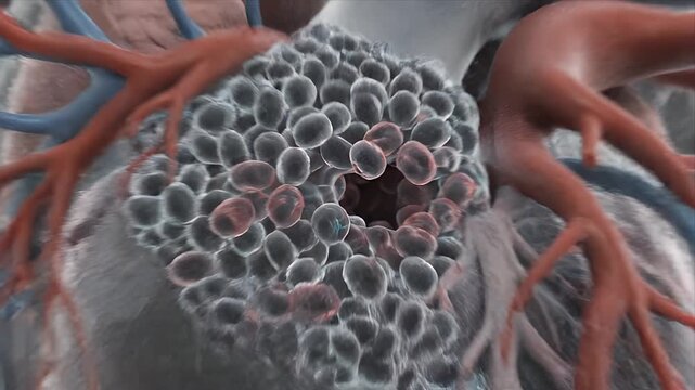 Detailed 3D Medical Animation of Human Heart Attack Showing Blocked Coronary Artery and Atherosclerosis Plaque Rupture With Glowing Inflammation