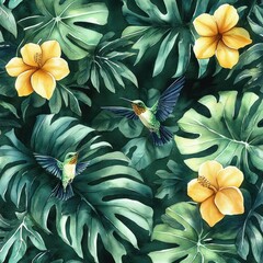 Fototapeta premium two hummingbirds hovering among large monstera leaves and yellow hibiscus flowers in a serene vibrant tropical botanical pattern