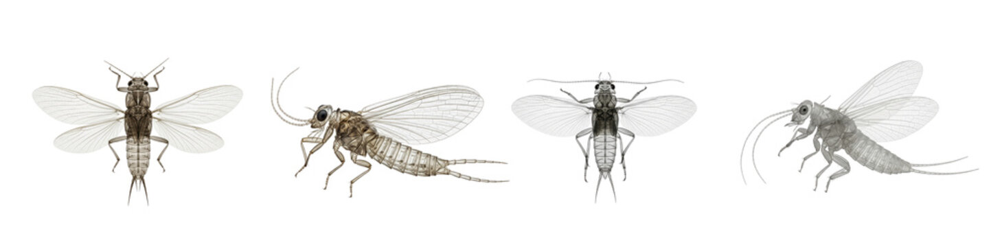 Collection of Mayfly Insect Views Isolated on White Background.